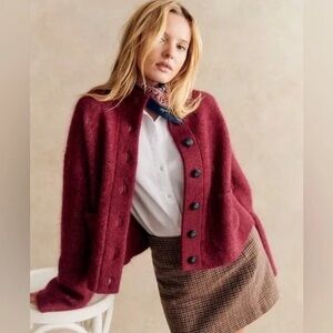 Sezane Cozy Button-Front Blazer Jacket in Berry